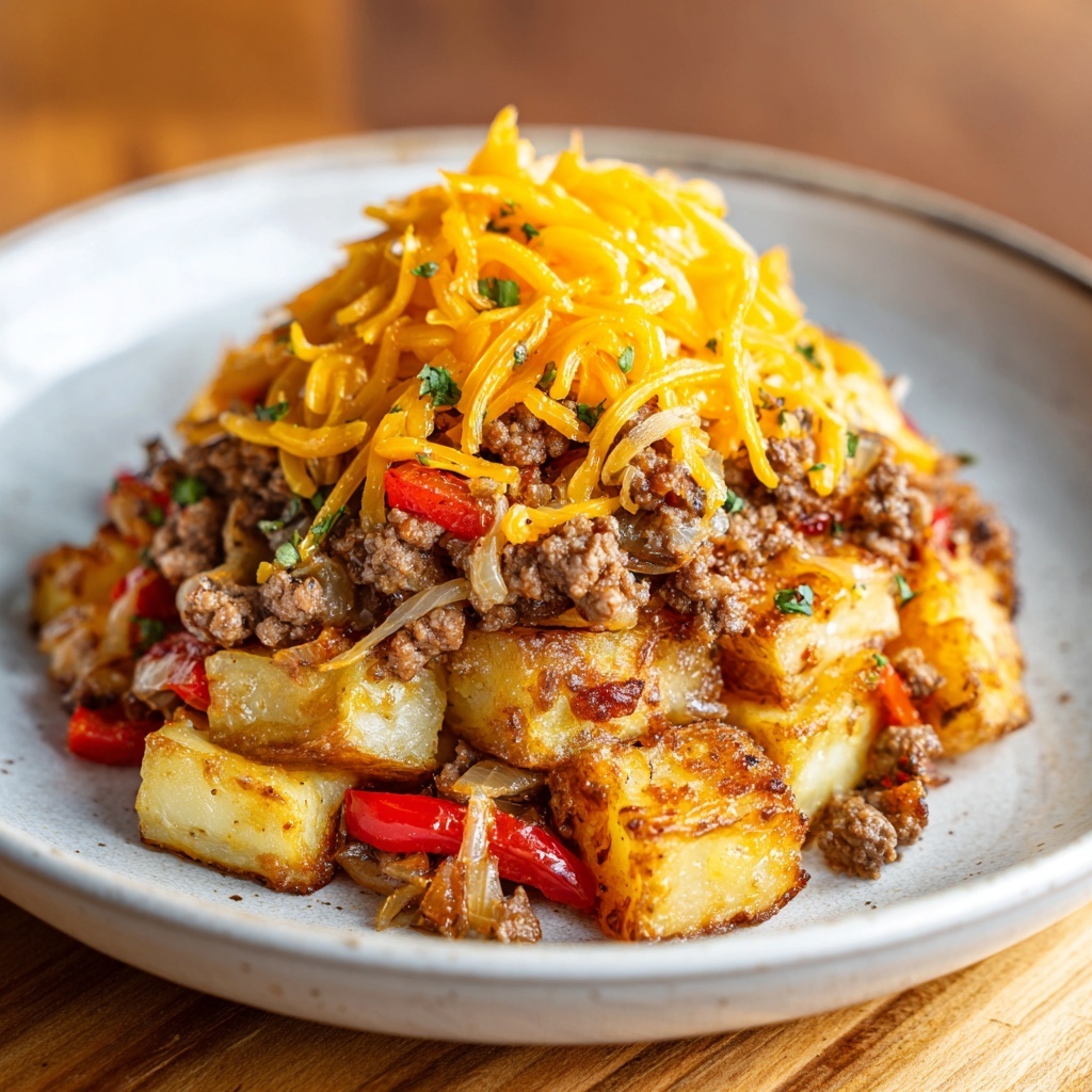 Loaded Breakfast Hash with Eggs, Sausage, and Cheddar Recipe - Recipe Image