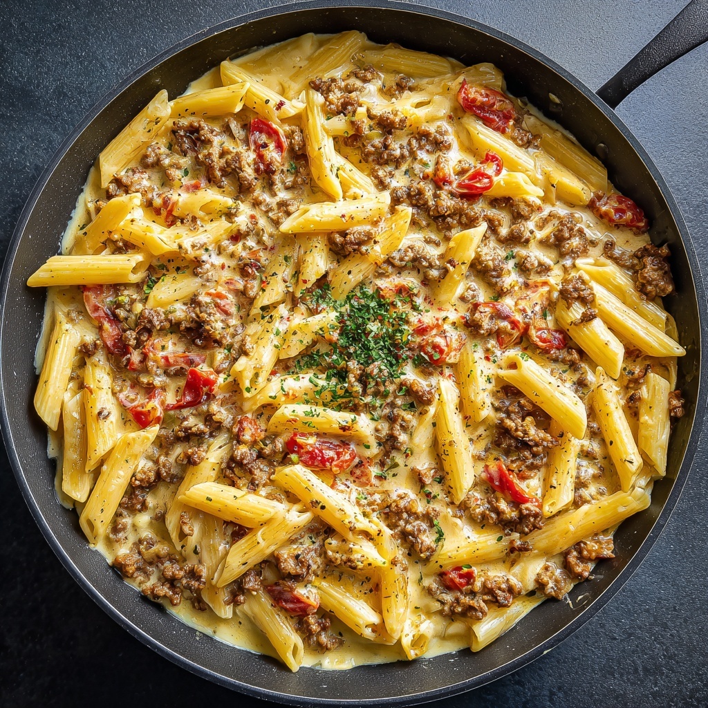 One Pot Creamy Tomato Beef Pasta Recipe - Recipe Image